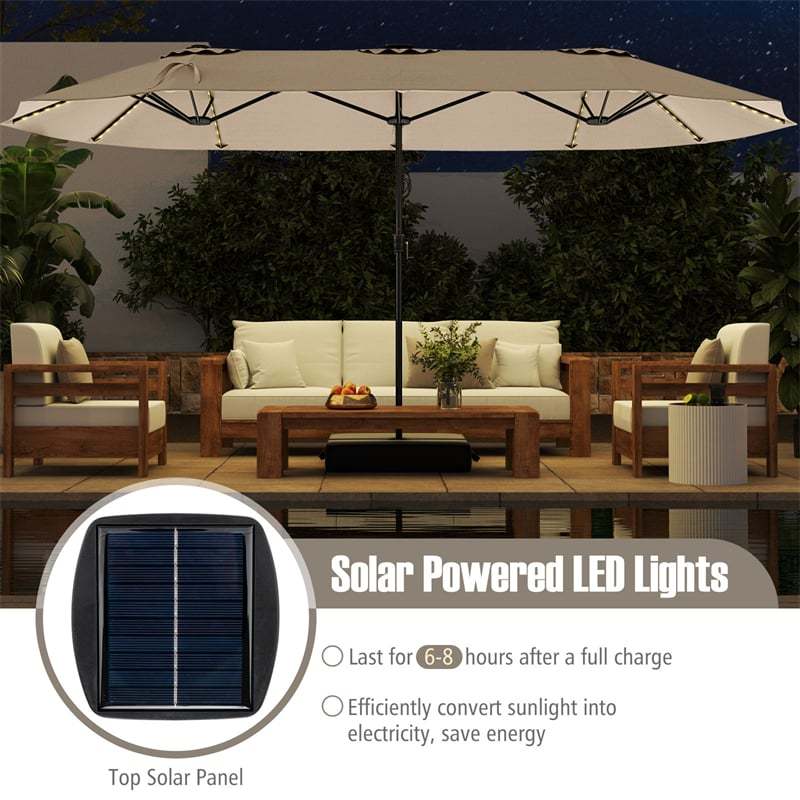 15.5FT Extra Large Patio Umbrella with 144 Solar LED Lights & Crank Handle, 12 Heavy-Duty Ribs Double-Sided Market Umbrella for Deck, Poolside