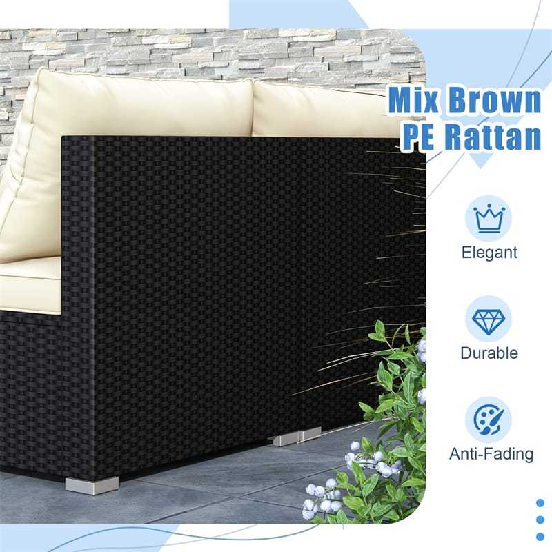 5 Piece PE Rattan Patio Sofa Set with Acacia Wood Top Coffee Table, Seat & Back Cushions, Wicker Outdoor Sectional Furniture for Backyard Garden
