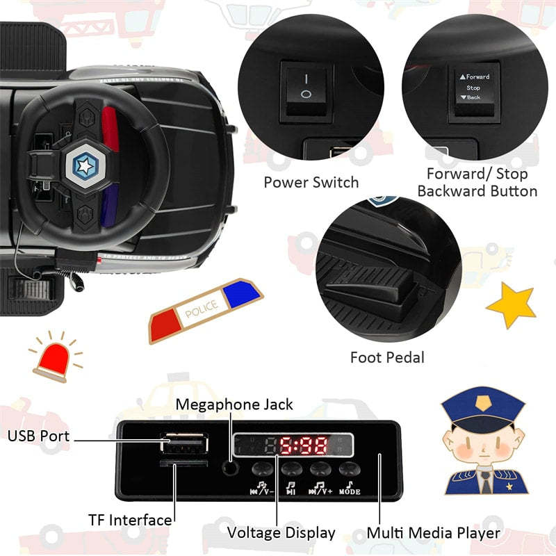 6V Electric Ride on Police Car 2-in-1 Toddler Push Car with Megaphone Siren Under Seat Storage
