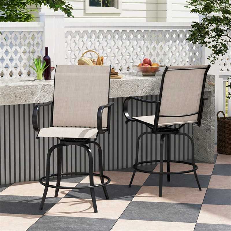 Outdoor Swivel Bar Stools Set of 2, All-Weather Steel Frame Bar Height Patio Chairs with Curved Armrests, High Back & Cozy Footrest