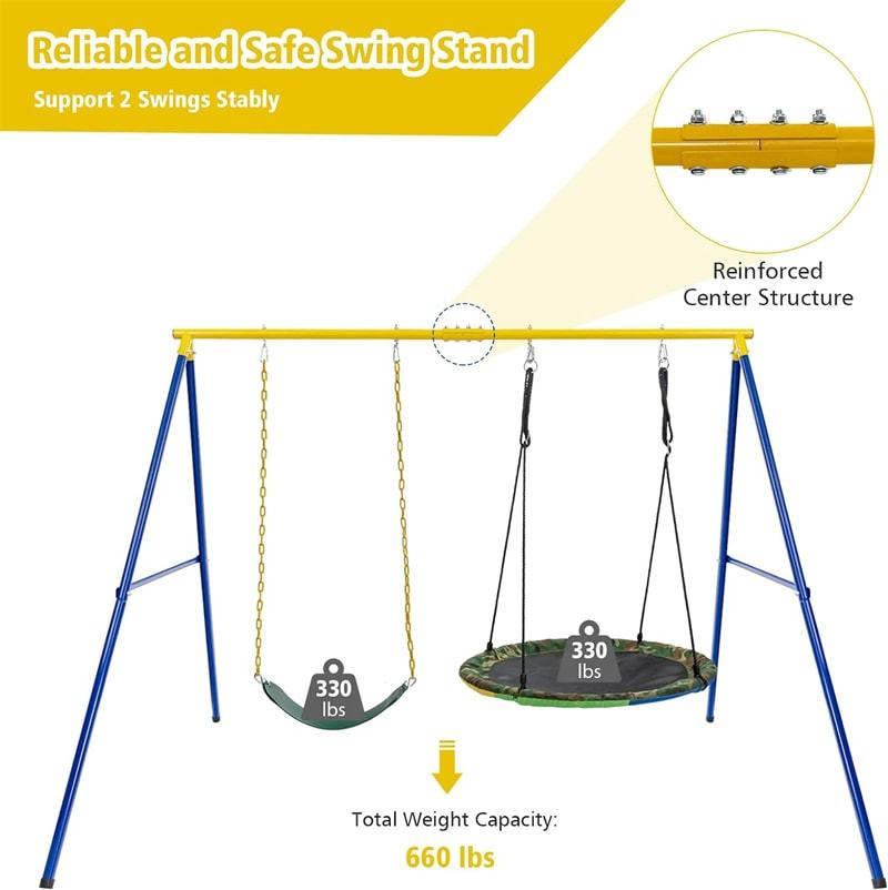 660lbs Heavy Duty Metal A-Frame Swing Set Extra Large Swing Stand with 2 Saucer Swings, Ground Stakes, Adjustable Ropes for Indoor Outdoor