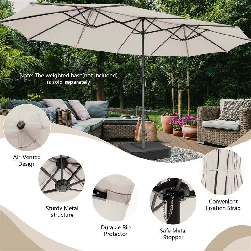 15FT Double-Sided Patio Umbrella with 48 Solar LED Lights & Crank Handle, Extra Large Outdoor Market Umbrella for Poolside, Deck, Backyard