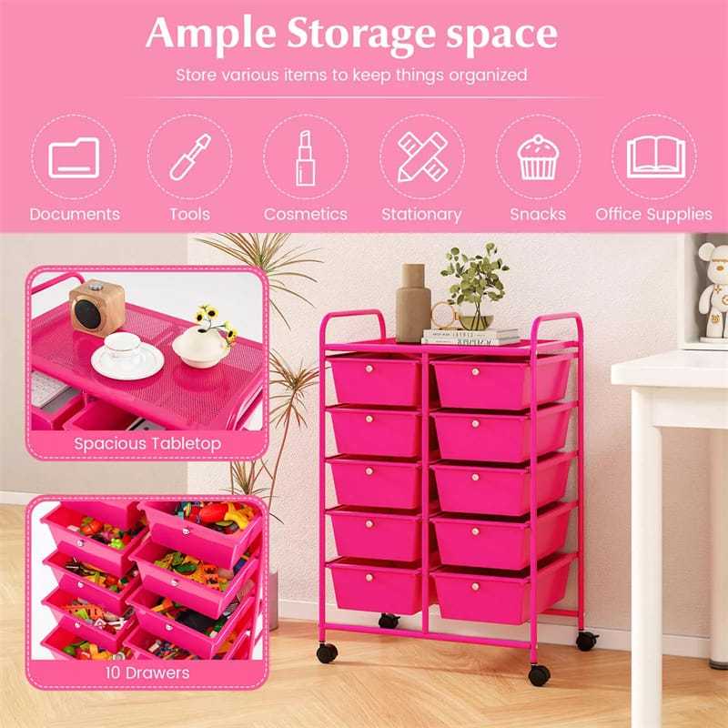 10 Drawer Rolling Cart, Storage Cart Organizer with Wheels, Mobile Utility Cart for Classroom, Office, Home, Craft, Art, Paper, Salon