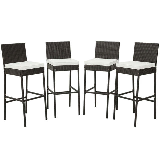 Wicker Outdoor Bar Stools Set of 4, Heavy-Duty Metal Frame Rattan Patio Bar Height Chairs w/ Cushions, Footrests for Backyard, Balcony
