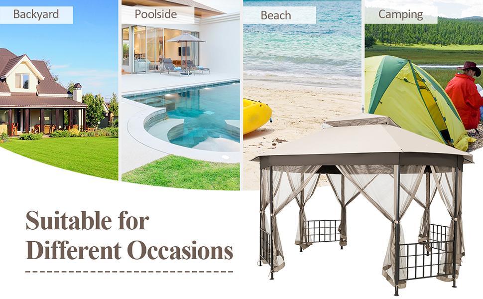 10’ x 12’ Heavy Duty Double Roof Octagonal Patio Gazebo Canopy with Netting Sidewalls