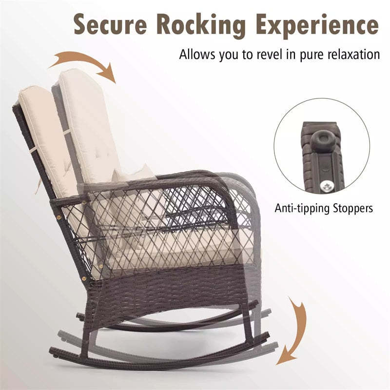 3-Piece Rattan Patio Rocker Set with 2 Rocking Chairs, Tempered Glass Coffee Table & Cushions, Outdoor Bistro Set for Porch, Poolside, Backyard