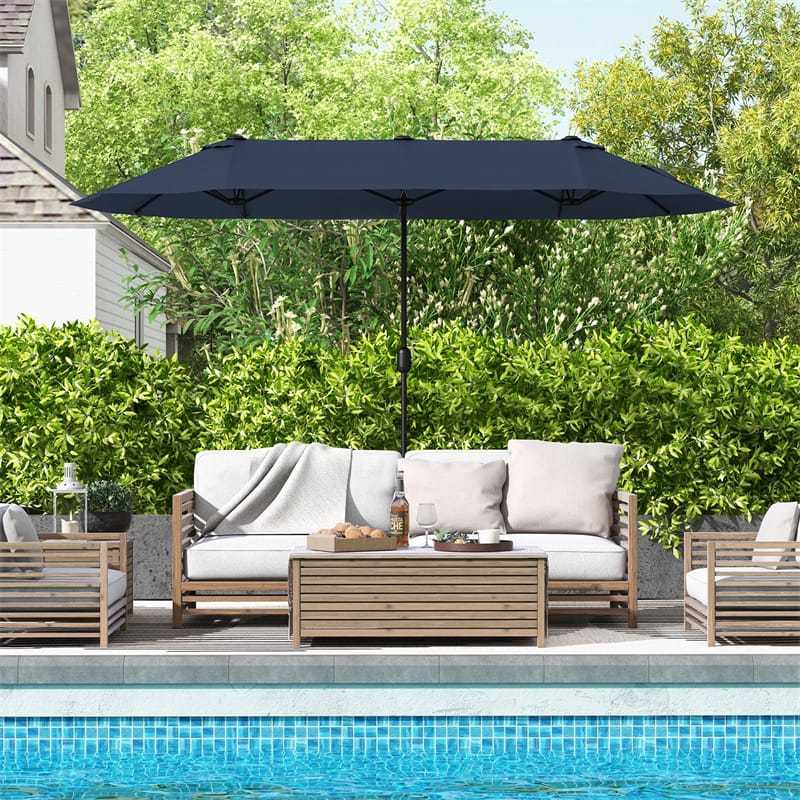 13FT Double-Sided Patio Umbrella, Extra Large Twin Market Umbrella with Base, Crank Handle, Safety Lock, Vented for Poolside, Deck, Backyard