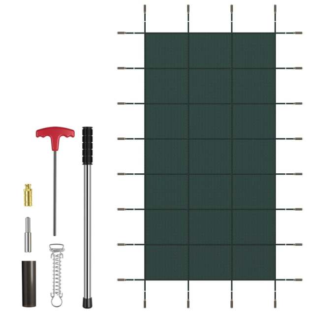 Safety Pool Cover for 32 x 16FT Inground Swimming Pools, Rectangle Winter Leaf Net Pool Cover with Mesh & Installation Tools for Backyard Yard