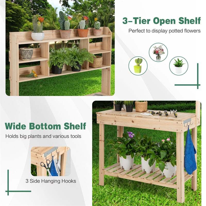 Potting Bench Table 60.5” Solid Wood Garden Workstation Workbench Table with Flip-Up Tabletop, Shelves & & Hanging Hooks