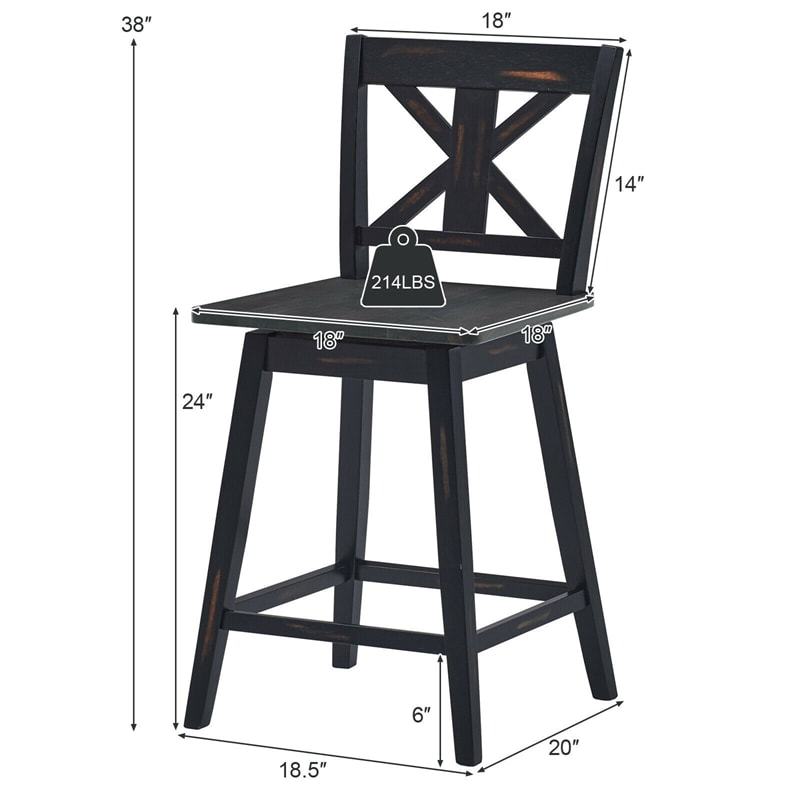 24" Rubber Wood Bar Stools Set of 2, 360° Swivel Counter Height Bar Chairs with Back & Non-Slip Foot Pads for Kitchen Island, Dining Room, Restaurant