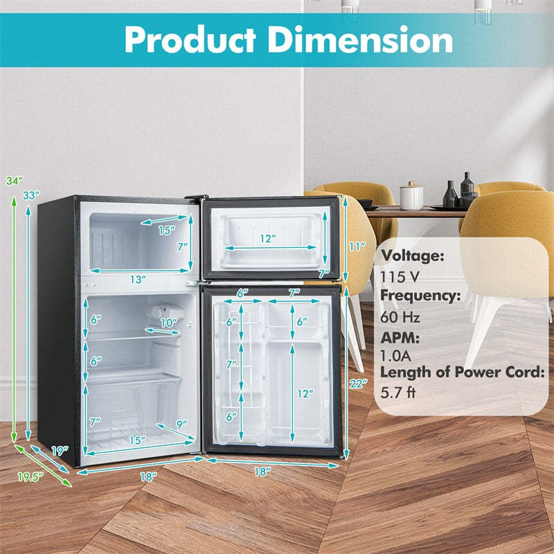 2 Door Mini Fridge 3.2 Cu.Ft. Compact Refrigerator with Freezer for Bedroom Dorm Apartment Office
