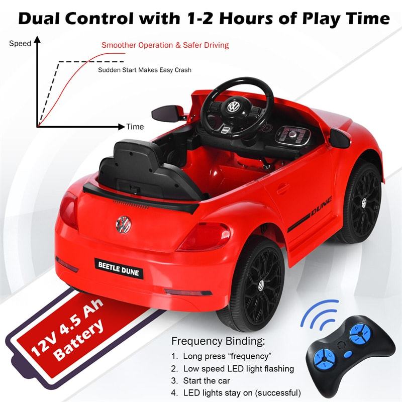 12V Kids Ride-On Car, Licensed Volkswagen Beetle Battery-Powered Electric Vehicle with Remote Control, Lights, Music, Gift for Boys & Girls