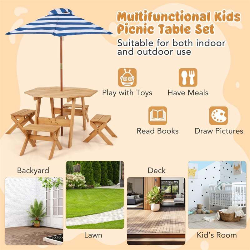 Kids Picnic Table & Bench Set, Fir Wood Octagon Table with Chairs & Removable Umbrella, Toddler Activity Furniture for Patio Garden Backyard
