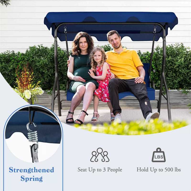 3-Seat Patio Swing with Adjustable Canopy & Removable Cushion, Powder-Coated Steel Frame Outdoor Porch Swing for Backyard, Garden, Balcony