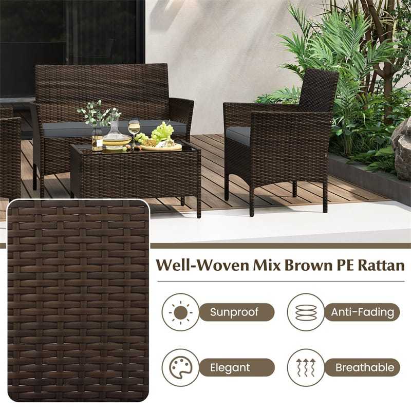 4PCS Patio Rattan Conversation Set Outdoor Garden Wicker Furniture Set with Loveseat Chair, Tempered Glass Coffee Table & Cushions