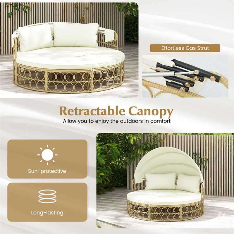 Outdoor Patio Round Daybed with Retractable Canopy, PE Rattan Wicker Sectional Seating Furniture with Soft Cushions & Pillows for Garden Yard