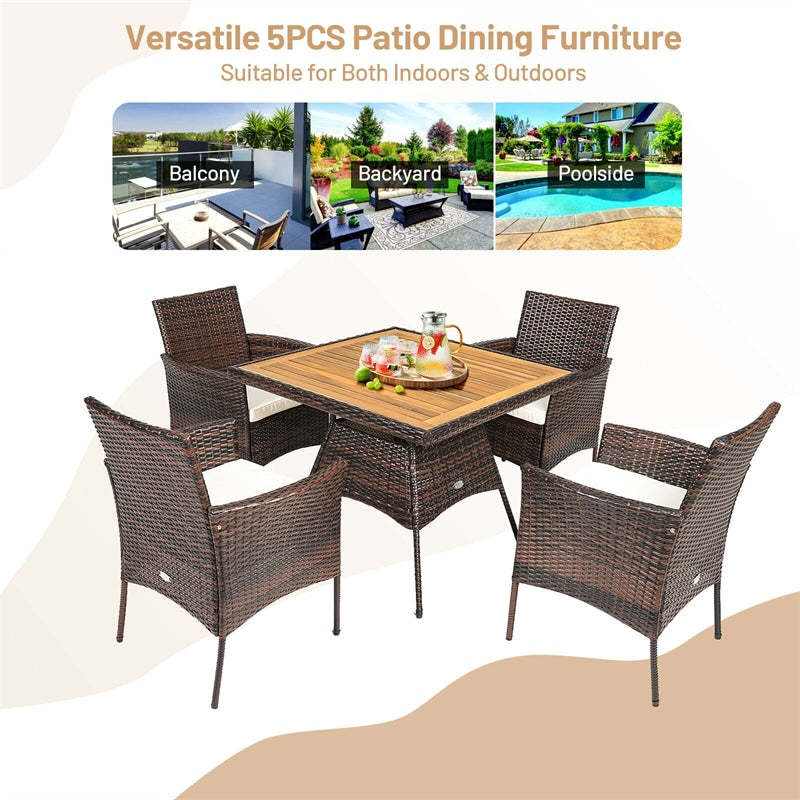 5 Piece Wicker Patio Rattan Dining Table Set with Cushioned Armchairs & Umbrella Hole