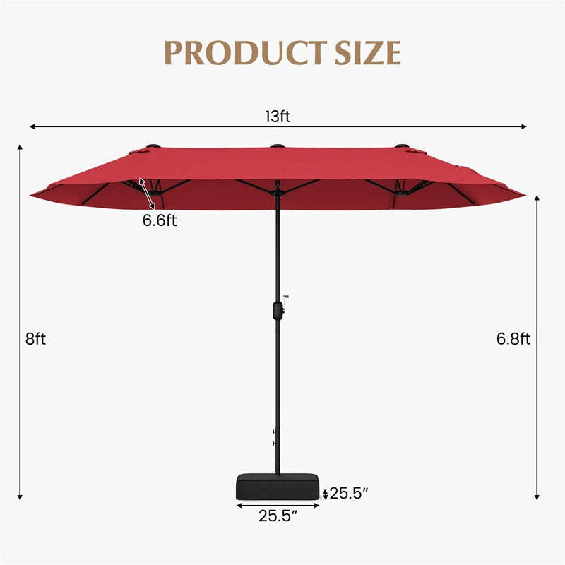 13FT Double-Sided Patio Umbrella, Extra Large Twin Market Umbrella with Base, Crank Handle, Safety Lock, Vented for Poolside, Deck, Backyard