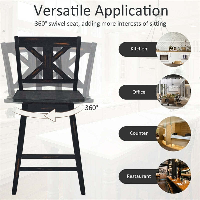 24" Rubber Wood Bar Stools Set of 2, 360° Swivel Counter Height Bar Chairs with Back & Non-Slip Foot Pads for Kitchen Island, Dining Room, Restaurant