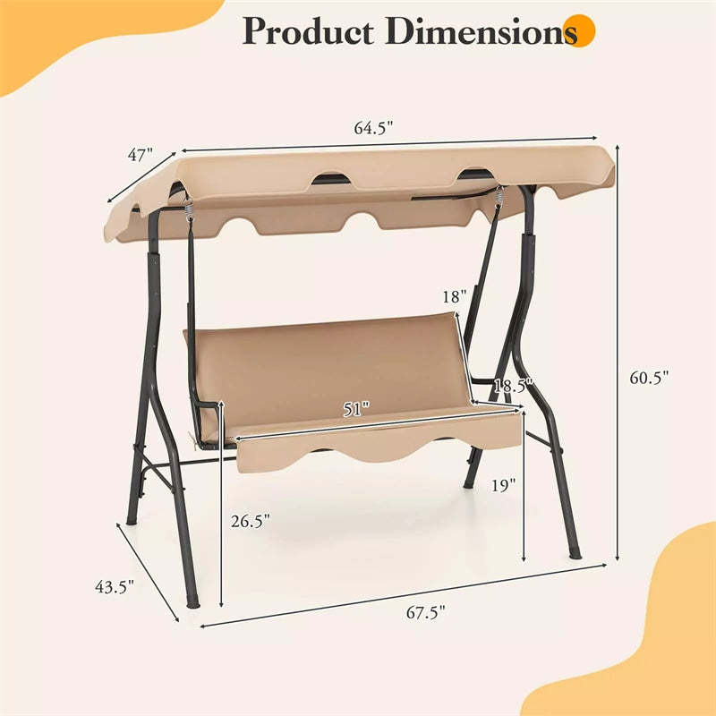 3-Seat Patio Swing with Adjustable Canopy & Removable Cushion, Powder-Coated Steel Frame Outdoor Porch Swing for Backyard, Garden, Balcony