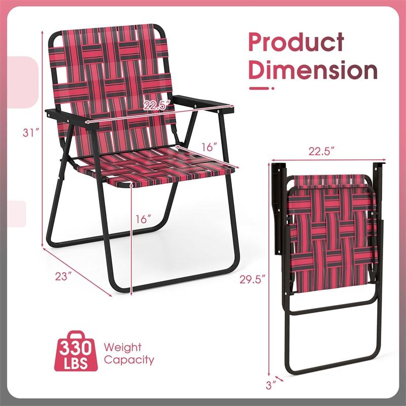 4 Pack Folding Beach Chairs Webbed Lawn Chairs Portable Lightweight Camping Chair with Armrest & Steel Frame