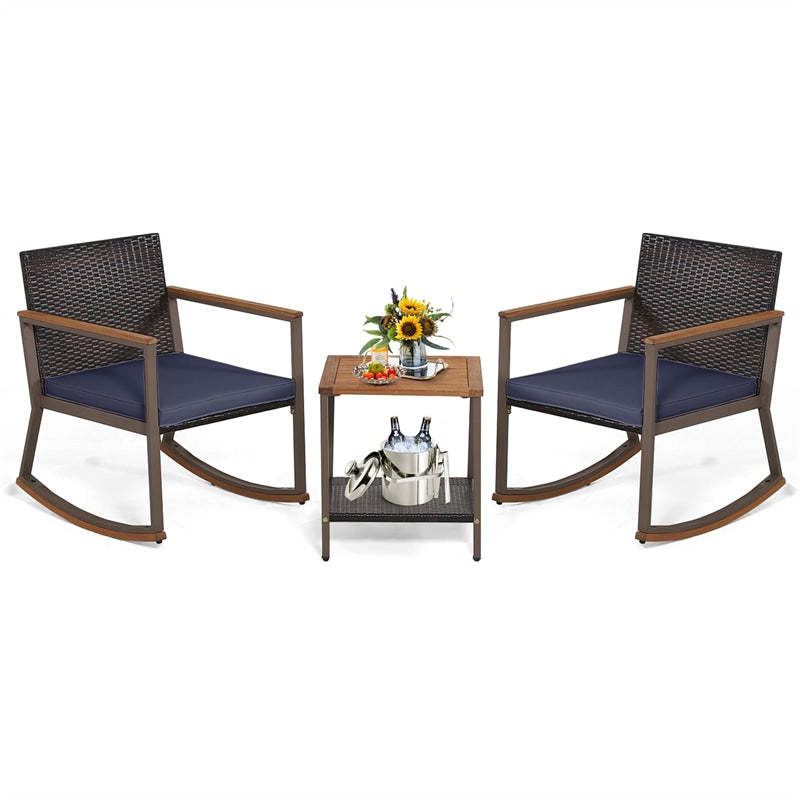 3-Piece Rattan Rocking Bistro Set w/ Cushions, Acacia Wood Top Coffee Table & Storage Shelf, Patio Conversation Set for Balcony, Porch, Poolside