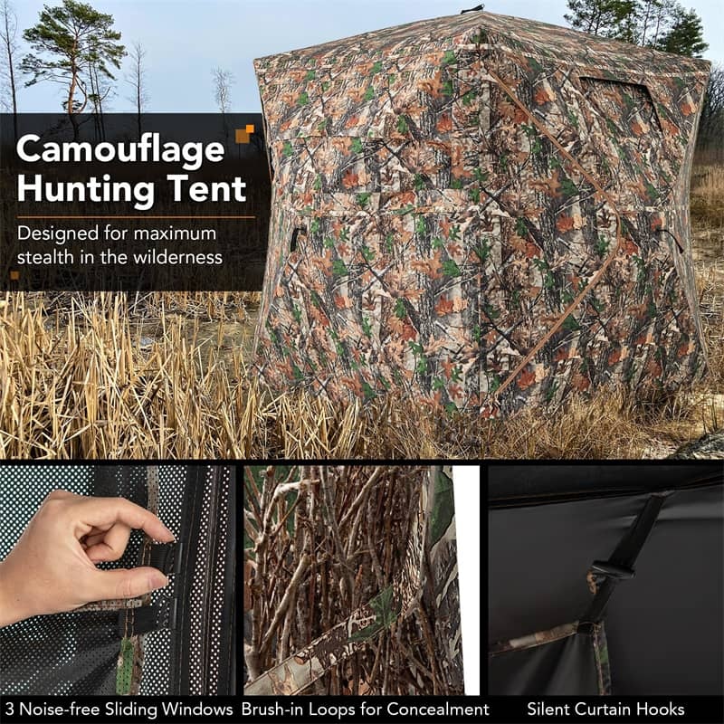 270° One-Way See-Through Hunting Blind with Silent Slide Windows, Door & Carry Bag, 3-4 Person Pop-up Camo Hunting Tent 82" Tall Deer Ground Blind