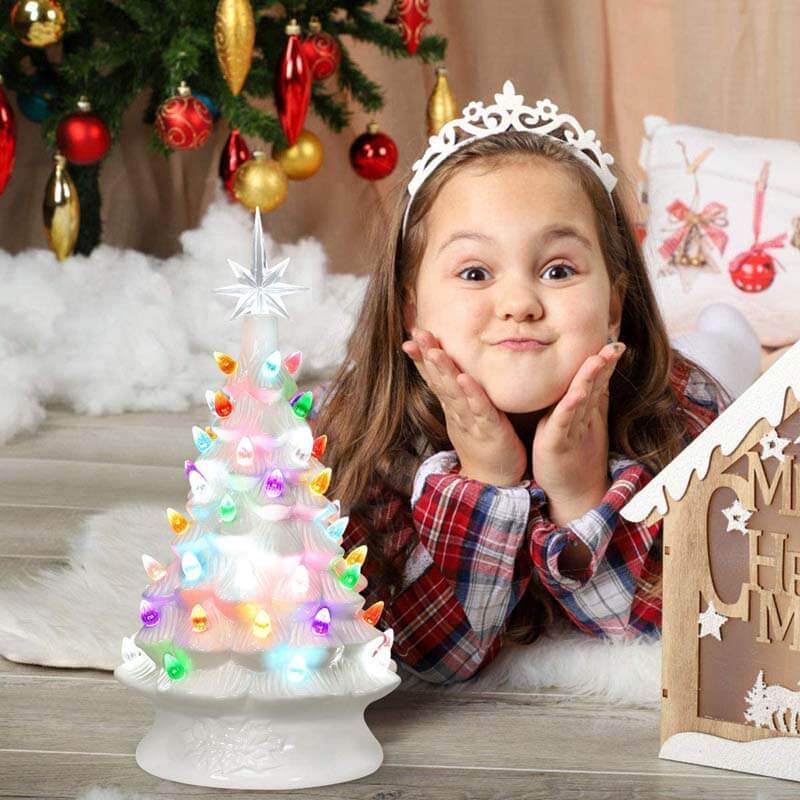 14 Inch Hand-Painted White Tabletop Ceramic Christmas Tree with 12 Built-in Lights and Top Star