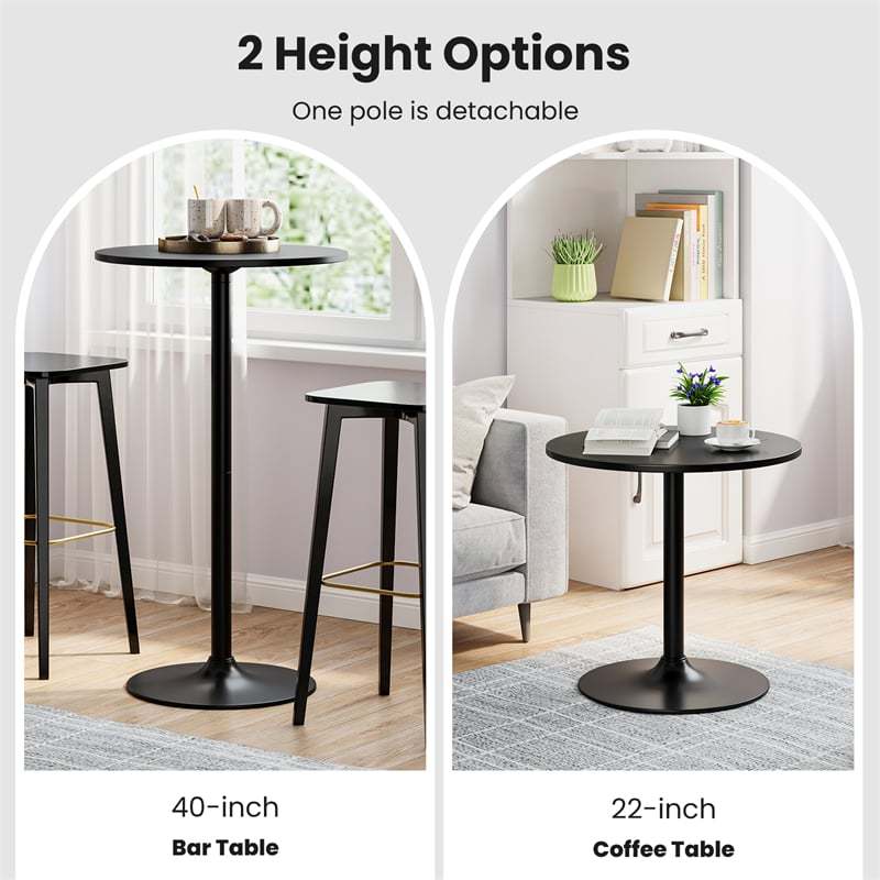 2-in-1 Bar Table with Detachable Pole, Metal Base, 40"/22" Two Convertible Height, Cocktail Table, Round Pub Table for Living Room, Restaurant
