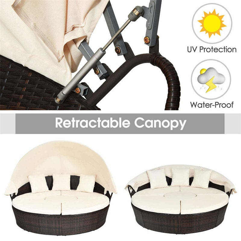 Round Patio Rattan Daybed with Retractable Canopy, Adjustable Coffee Table & Cushions, Outdoor Wicker Sectional Sofa for Poolside, Backyard
