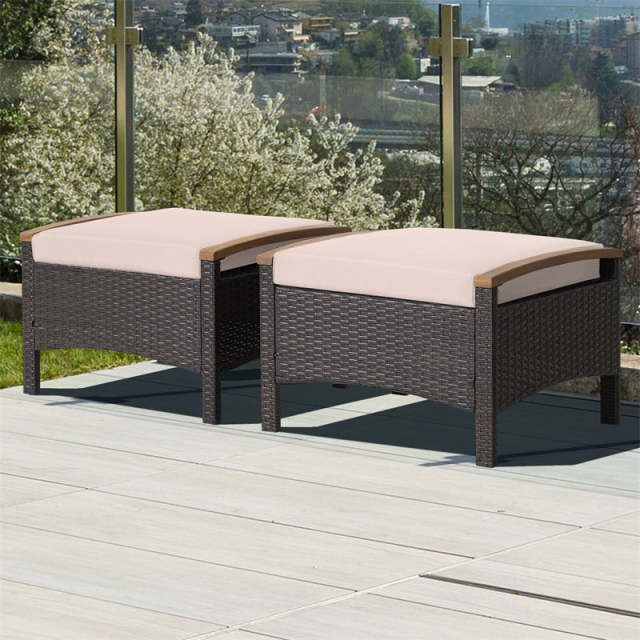 2PCS Patio PE Rattan Ottomans w/ Acacia Wood Handle & Removable Cushion, 3-in-1 Wicker Outdoor Footrest Seat & Side Table for Poolside, Backyard