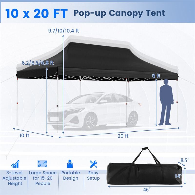 10 x 20FT Pop Up Canopy, Instant Setup Outdoor Canopy Tent with 6 Sandbags & Carrying Bag, UPF50+ Sun Protection Tent for Events, Camping
