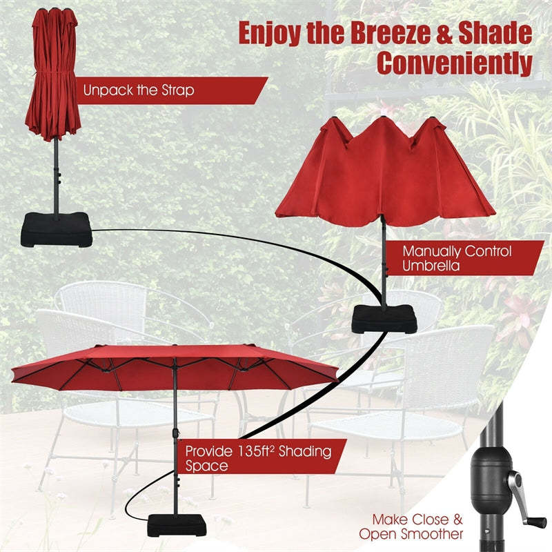 15FT Double-Sided Patio Umbrella Twin Outdoor Market Umbrella with 12-Rib Structure