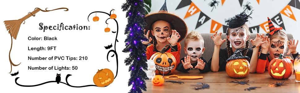 9FT Pre-lit Black Halloween Garland Artificial Christmas Garland with 50 Purple LED Lights