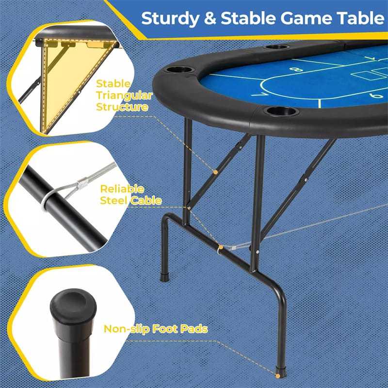 8-Player Poker Table, 72" Foldable Card Game Table with 8 Cup Holders, Casino-Grade Felt Surface, Portable Texas Holdem Table for Blackjack