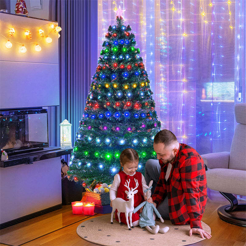 6FT Fiber Optic Artificial Christmas Tree Pre-Lit Xmas Full Tree 230 Branch Tips with Colorful LED Lights, 8 Lighting Modes & Metal Stand
