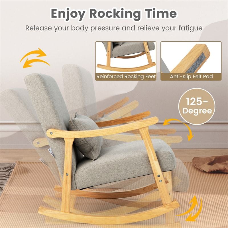 Upholstered Rocking Chair Modern Rocker with Rubber Wood Frame & Padded Pillow for Living Room Bedroom Nursery Office