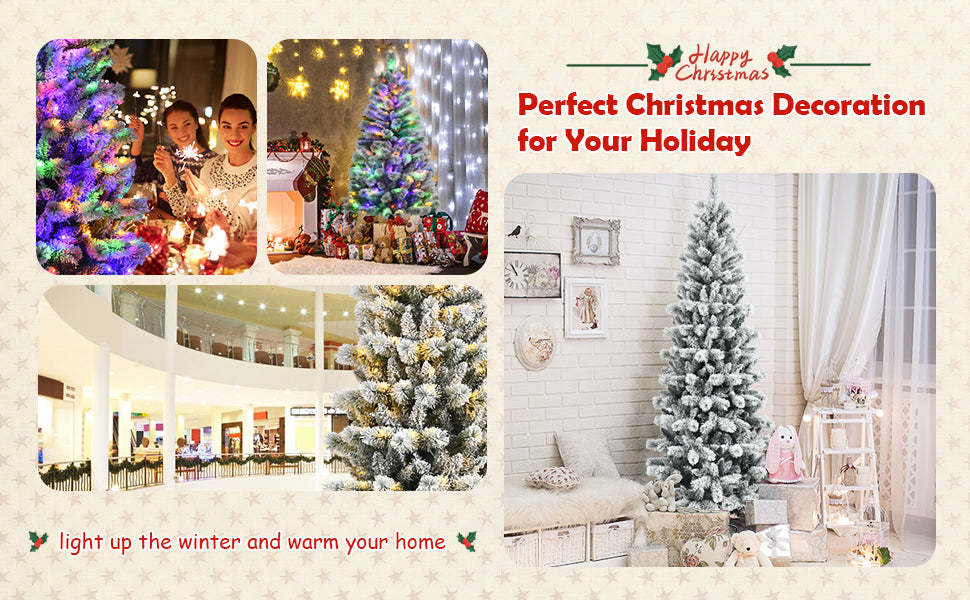 7.5ft Pre-lit Snow Flocked Christmas Tree with LED Lights and Remote Controller