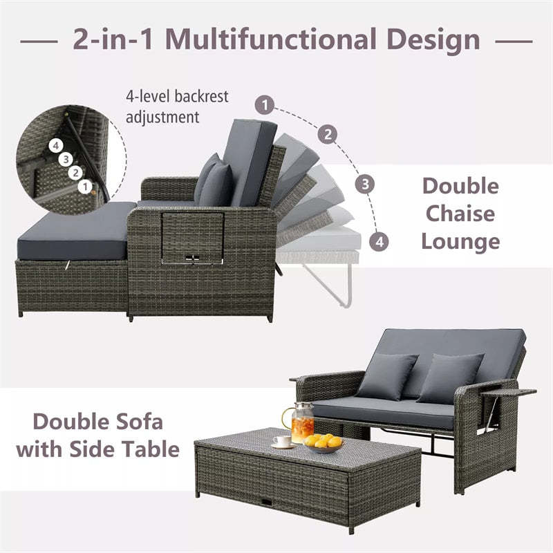 Patio Rattan Daybed Set with Multipurpose Storage Ottoman, Retractable Side Tray, Seat & Back Cushions, Adjustable Backrest Wicker Loveseat Sofa