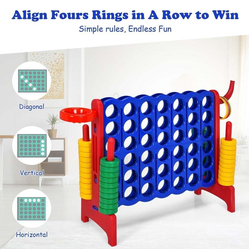 Giant 4-in-A-Row Game Set, Jumbo 4-to-Score Lawn Game with Basketball Hoop, 42 Rings, Quick-Release Slider for Kids & Adults, Indoors Outdoors