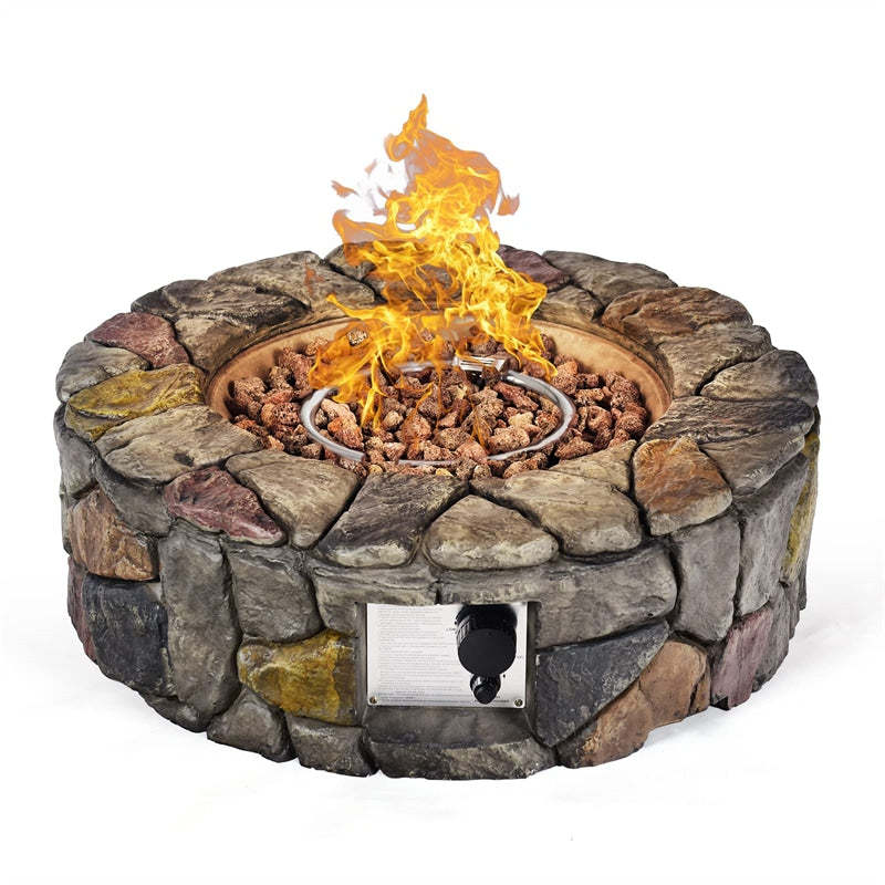 28" Round Propane Fire Pit 40,000 BTU Outdoor Stone Gas Fire Pit with Lava Rocks & PVC Cover for Patio Garden Backyard