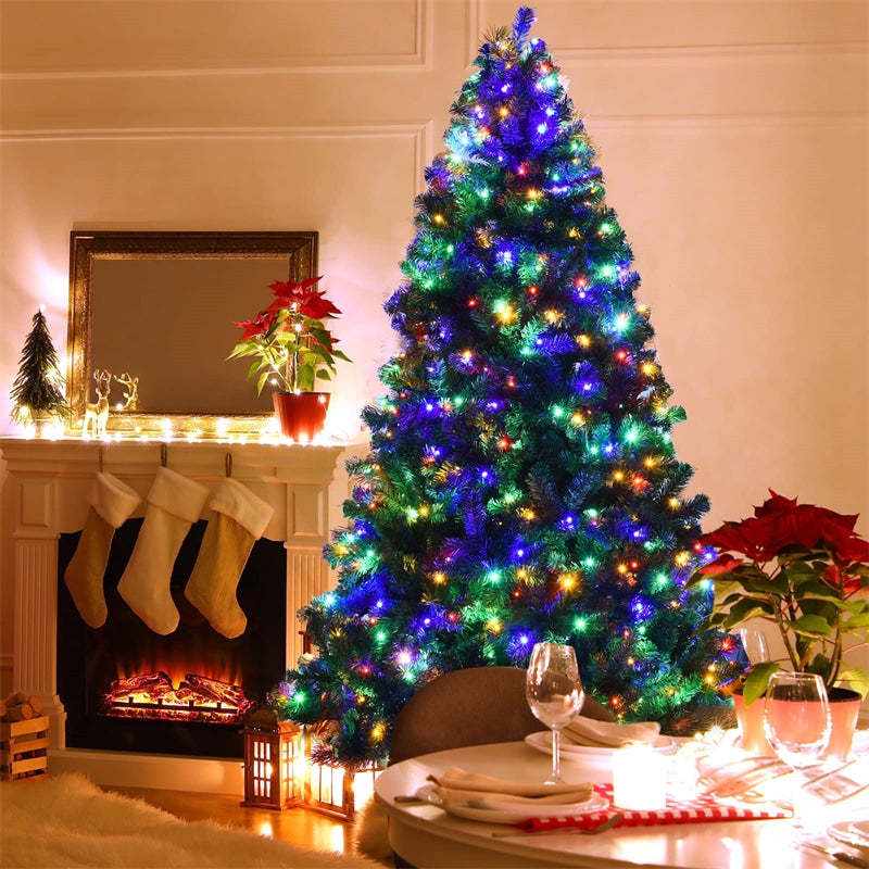7.5FT Pre-Lit Artificial Christmas Tree, Premium Spruce Hinged Xmas Tree with 550 Multicolor LED Lights & Metal Stand, UL-Certified Transformer