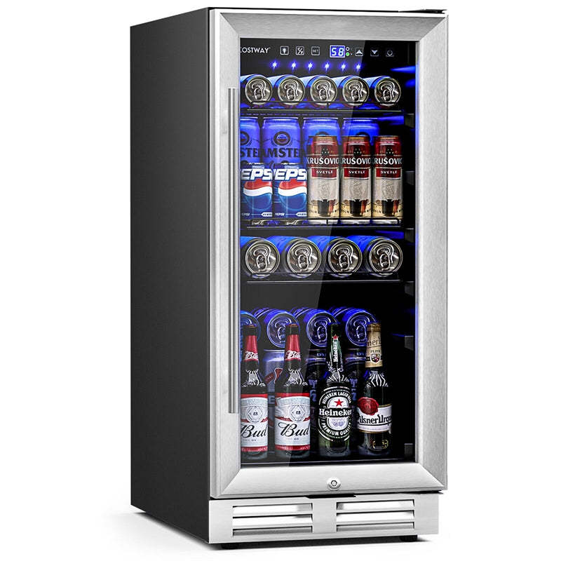15" Beverage Refrigerator, 100 Can Built-in/Freestanding Drink Fridge with Glass Door & Adjustable Shelves for Soda Beer Wine, Home Office