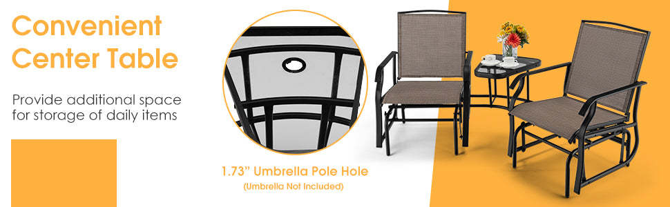 2-Seat Patio Rocking Chair Outdoor Double Glider with Glass Table & Umbrella Hole