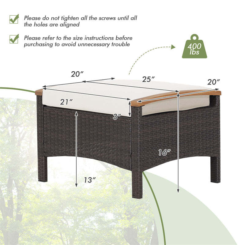 2PCS Patio PE Rattan Ottomans w/ Acacia Wood Handle & Removable Cushion, 3-in-1 Wicker Outdoor Footrest Seat & Side Table for Poolside, Backyard