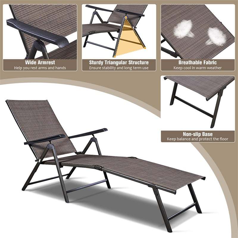 2PCS Outdoor Chaise Lounge Folding Patio Lounge Chairs Steel Fabric Sun Loungers Adjustable Reclining Chairs for Poolside Beach Garden Yard