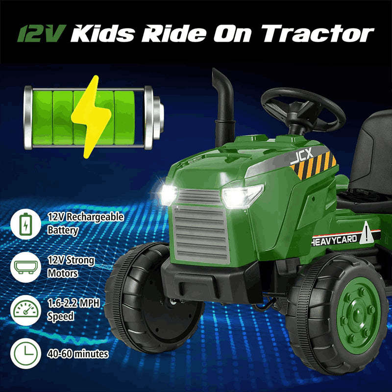 2-in-1 Kids Ride On Tractor with Detachable Trailer, 12V Electric Toy Car with Remote Control & LED Lights, Toddler Tractor for 3-8 Years