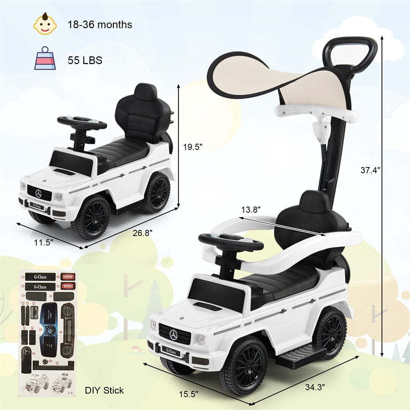 3-in-1 Push Car for Toddlers, Mercedes Benz G350 Stroller Sliding Car w/Canopy, Handle, Guardrail & Storage, Foot-to-Floor Ride-On Toy for Kids
