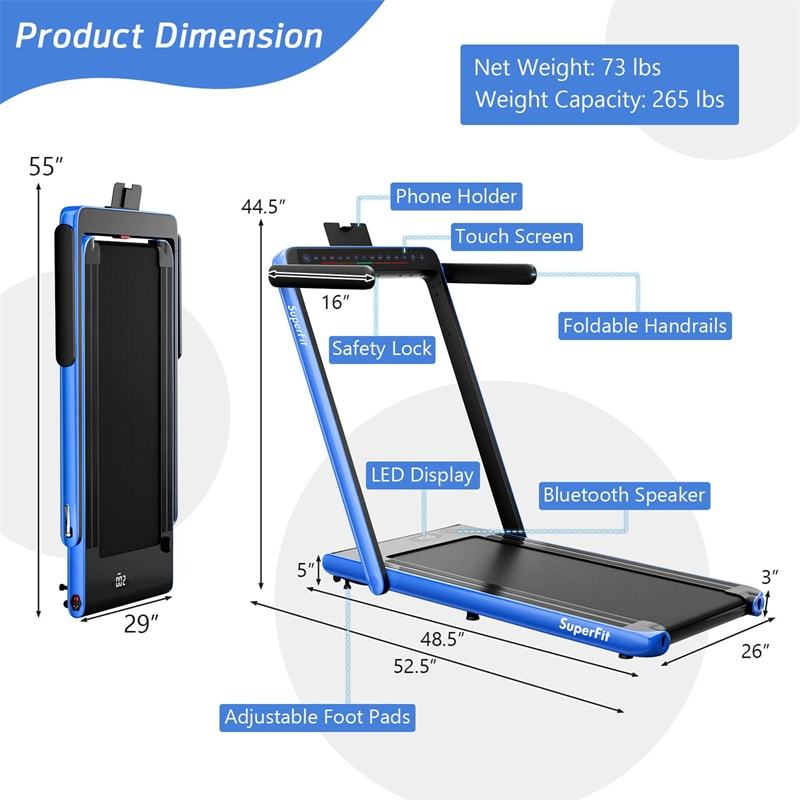 2-in-1 Under Desk Treadmill, 2.25HP SuperFit Folding Walking Jogging Machine with Dual Display, Remote & App Control, Bluetooth for Home Office