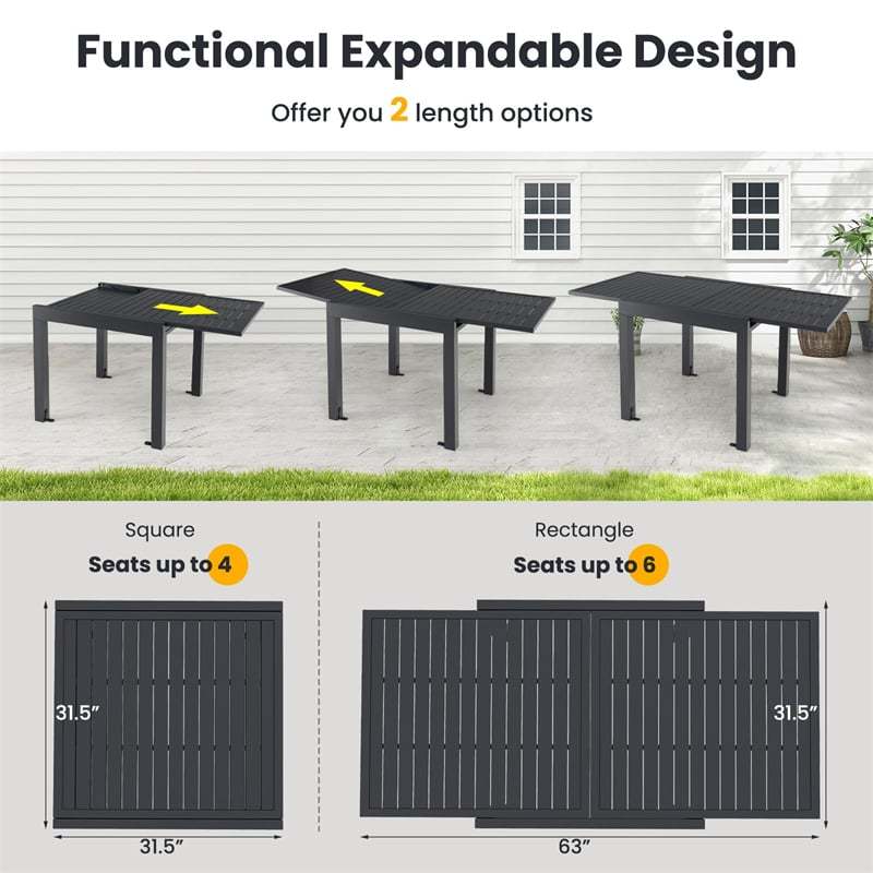 Extendable Outdoor Dining Table for 4-6, All-weather Aluminum 31.5"-63" Expandable Patio Dining Table with Slatted Tabletop for Backyard Garden Deck